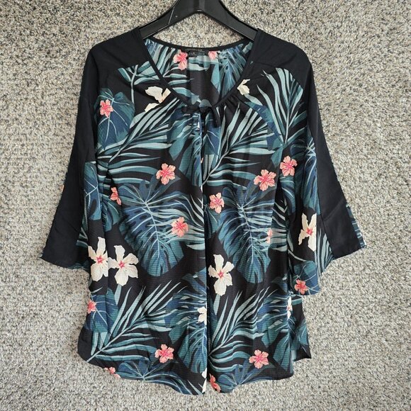 Rachel Zoe Top Womens Small Black Floral Print Bell Sleeve Tunic Neck Tie Blouse - Picture 1 of 7